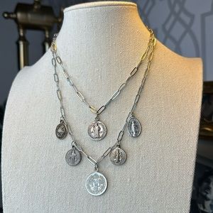Double layer antique medals charm necklace stainless white gold plate 19” long